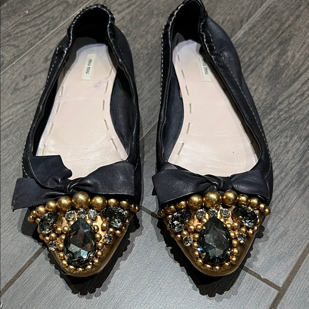 MIU MIU crystal and gold bead embellished leather ballet flats 6
